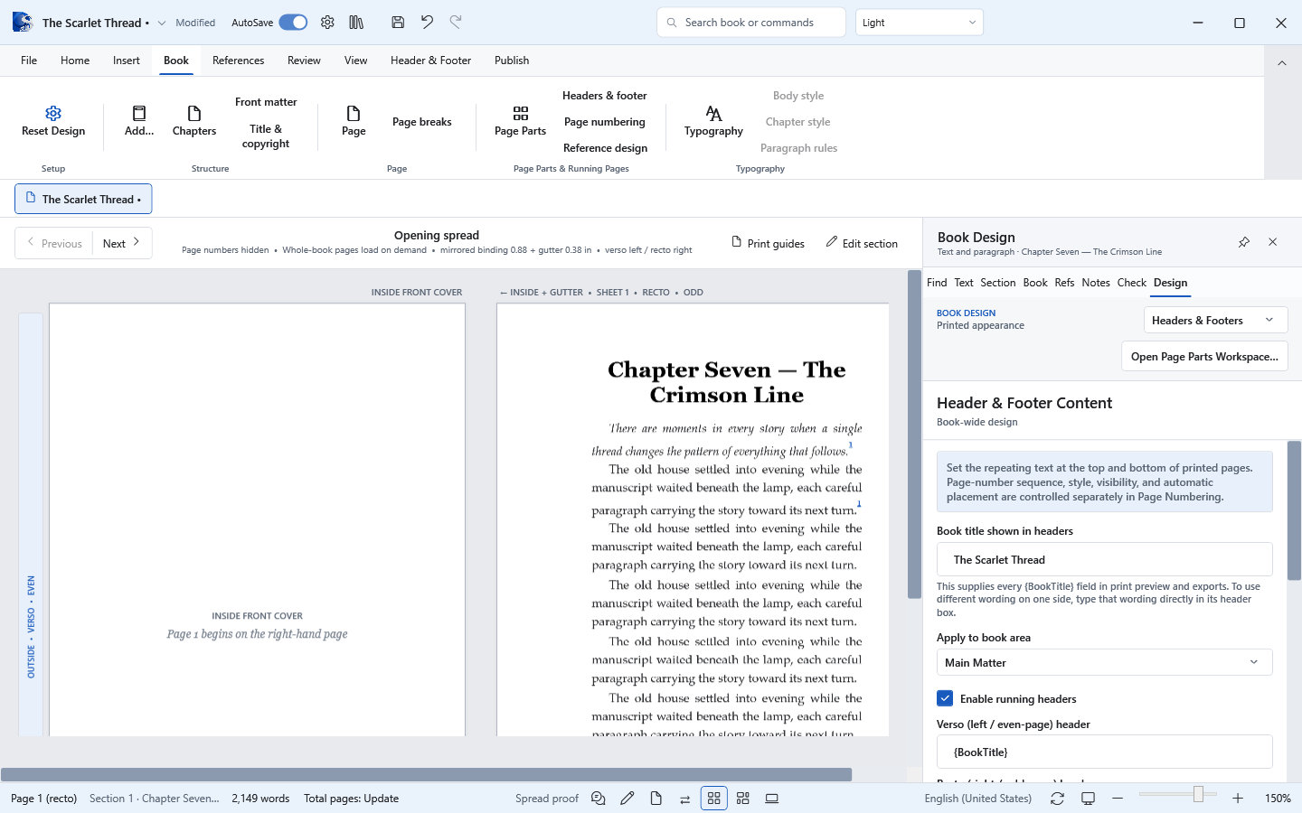 Current Oyama Scribe Book Design workspace showing header and footer controls