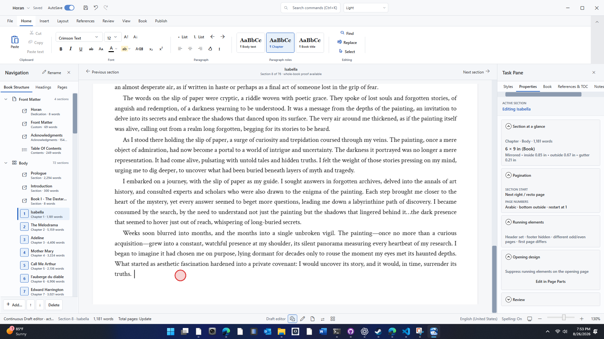 OYAMA Scribe editing a chapter with book navigation and publishing properties