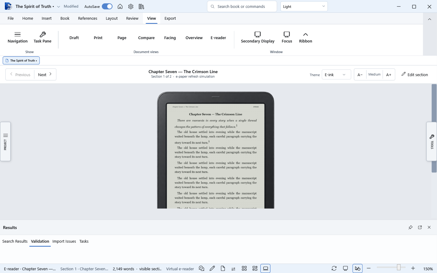 Oyama Scribe virtual ereader preview showing a manuscript in a device reading view