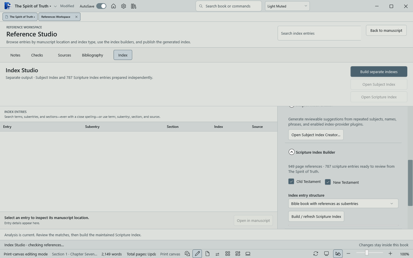 Scripture Index Builder analyzing The Spirit of Truth in Oyama Scribe