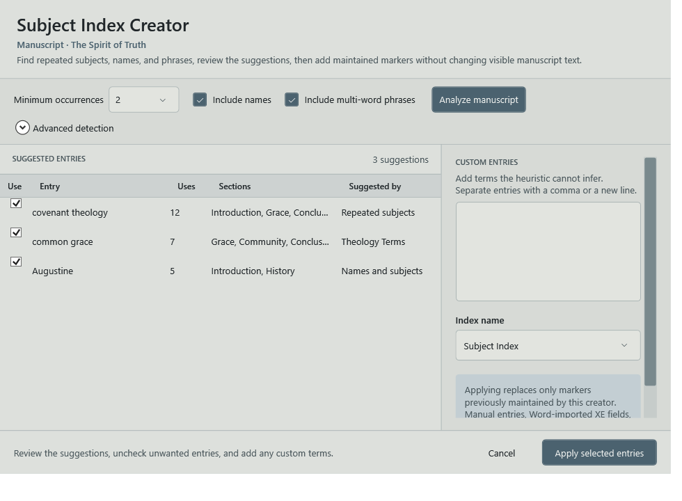 Subject Index Creator reviewing suggested theological subjects for The Spirit of Truth