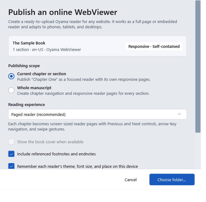 Oyama Scribe WebViewer publishing options for a responsive online reader