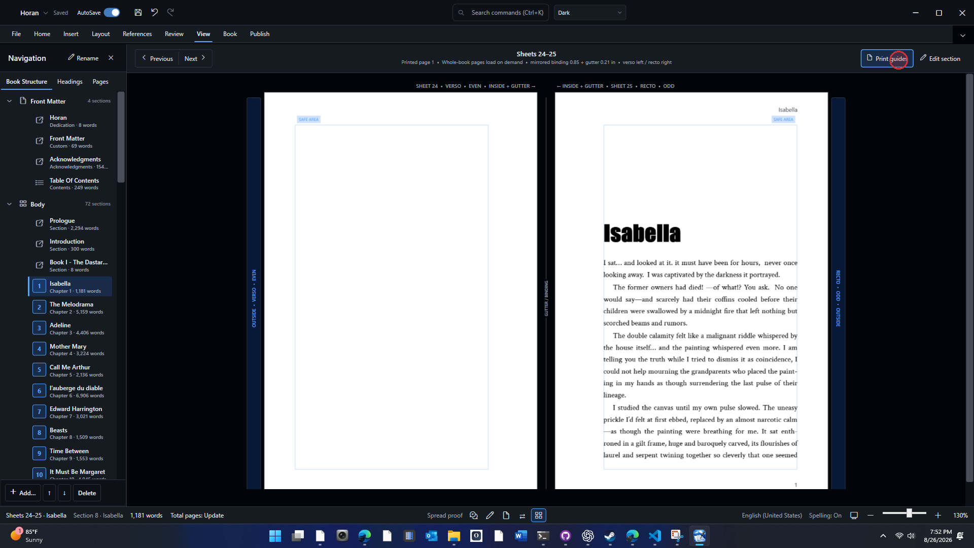 Two-page proof with safe area, binding gutter, and outside-edge guides